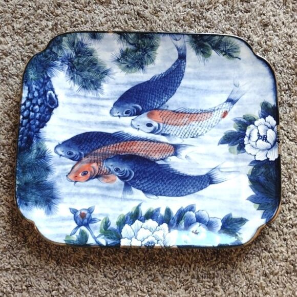 Sun Ceramics Koi Fish Rectangular Blue White Serving Plate Dish Japanese Art - Picture 10 of 10